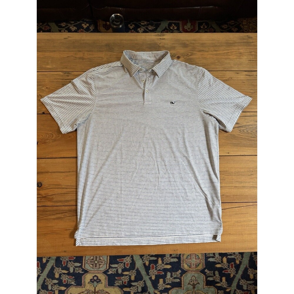 Vineyard Vines Men's Performance Polo Shirt Blue and White Striped XL